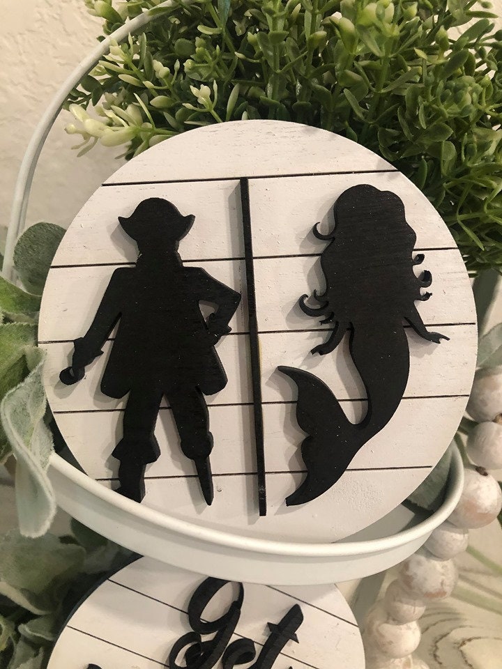 Farmhouse Bathroom Tiered Tray Decor - Pirate Mermaid Bathroom Sign - Get Naked Sign - Bathroom Tiered Tray Decor - Farmhouse Mermaids
