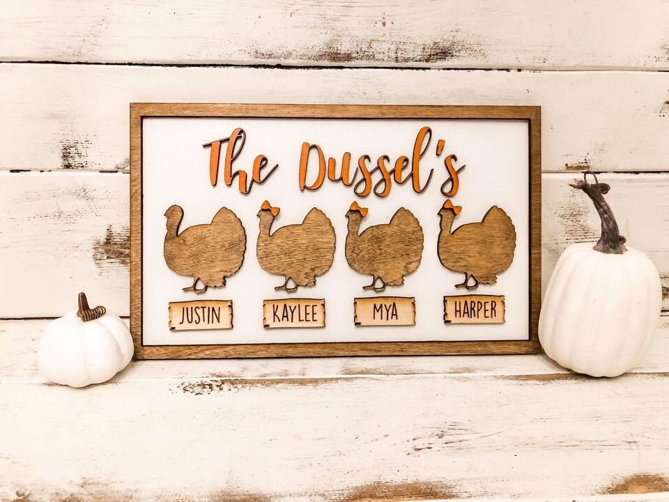Turkey Family Sign - Turkey Decor - Thanksgiving Family Decor - Personalized Turkey Family Sign - Farmhouse Thanksgiving Decor - 3D Sign