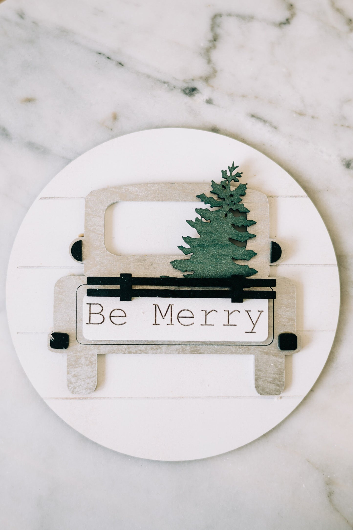 Be Merry - Christmas Shelf Decor - Be Merry Christmas Truck - Neutral Christmas Decor - Christmas Mantel Decor - 10" Round Signs for Shelves
