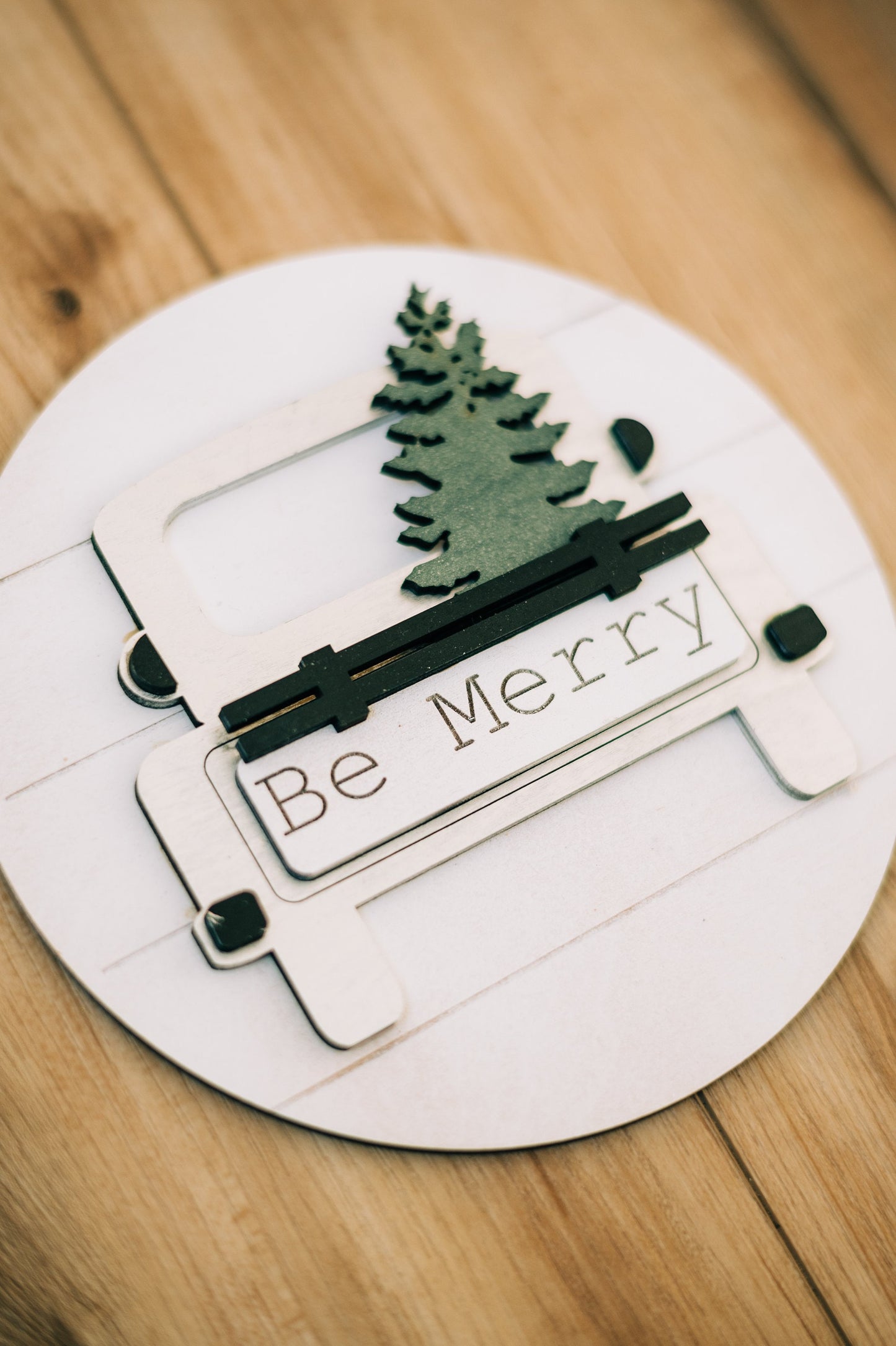 Be Merry - Christmas Shelf Decor - Be Merry Christmas Truck - Neutral Christmas Decor - Christmas Mantel Decor - 10" Round Signs for Shelves