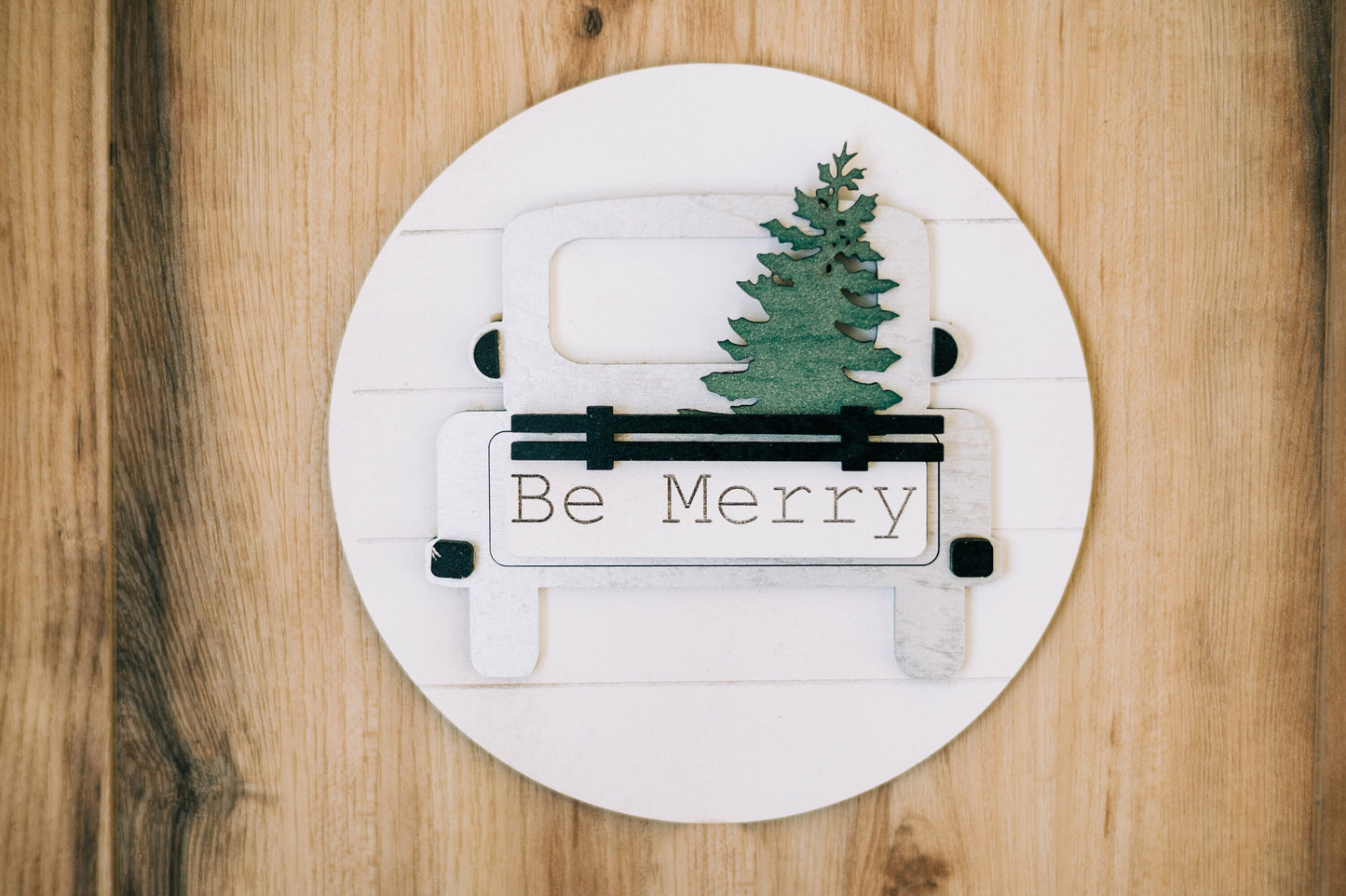 Be Merry - Christmas Shelf Decor - Be Merry Christmas Truck - Neutral Christmas Decor - Christmas Mantel Decor - 10" Round Signs for Shelves