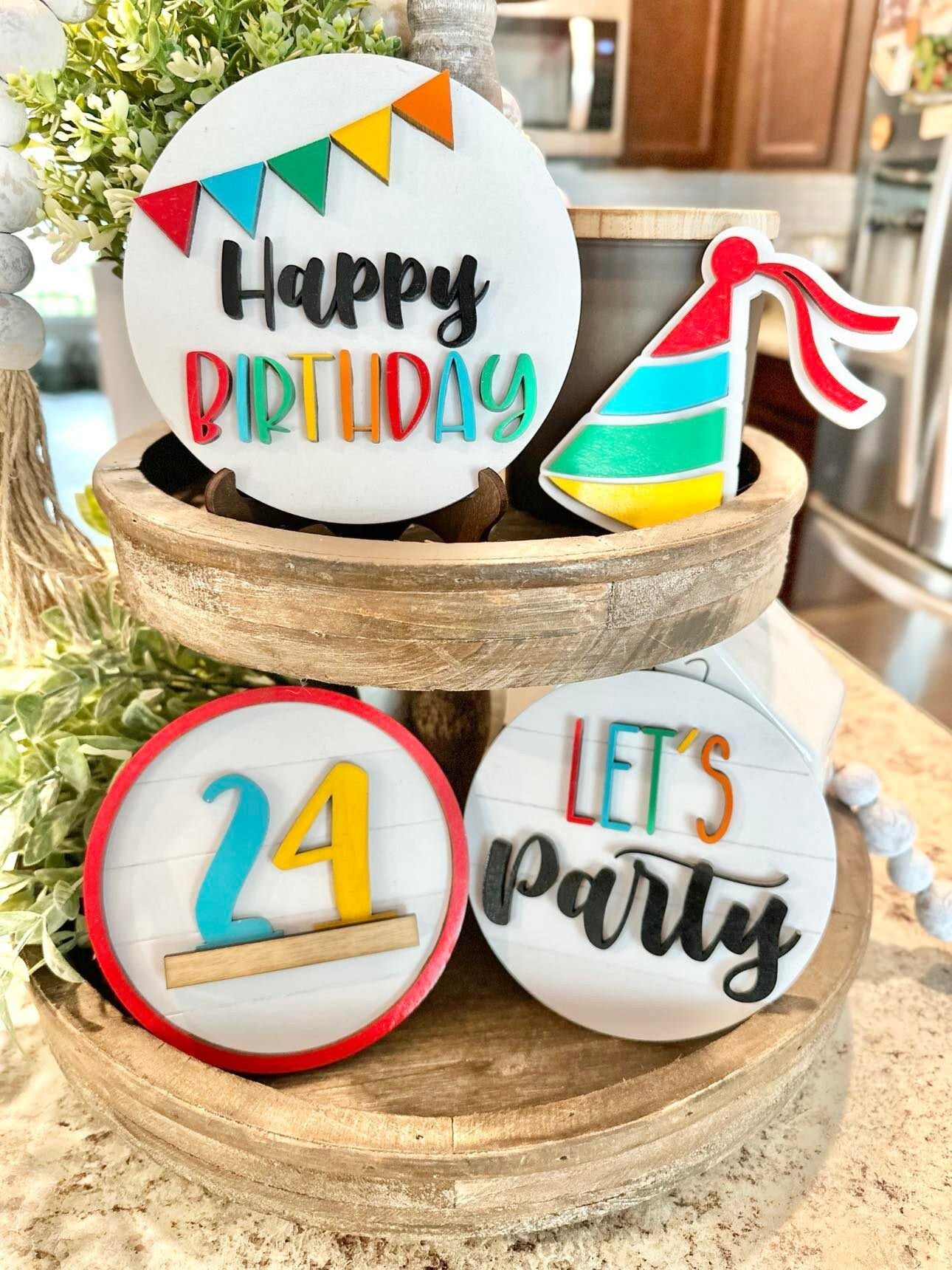Happy Birthday Tiered Tray - Interchangeable Birthday Age Sign - Birthday Decor - Birthday Signs - Birthday Party Decor - Birthday Tray