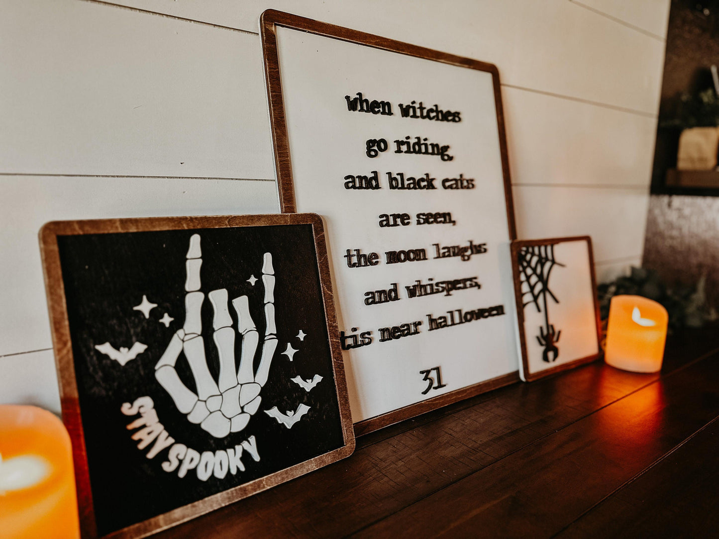 Trio of Halloween Signs -Witch sign in center, Stay spooky sign to left, Spider sign to right