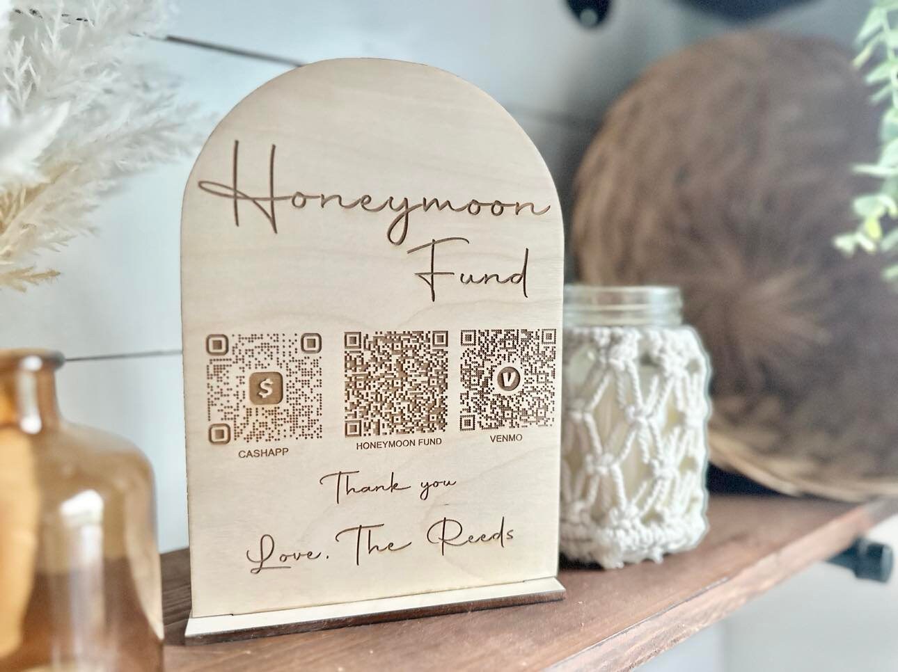 Honeymoon Fund - Custom Engraved Sign with Couples Honeymoon Fund QR Code - QR code honeymoon Fund Sign for Wedding - Bridal Shower