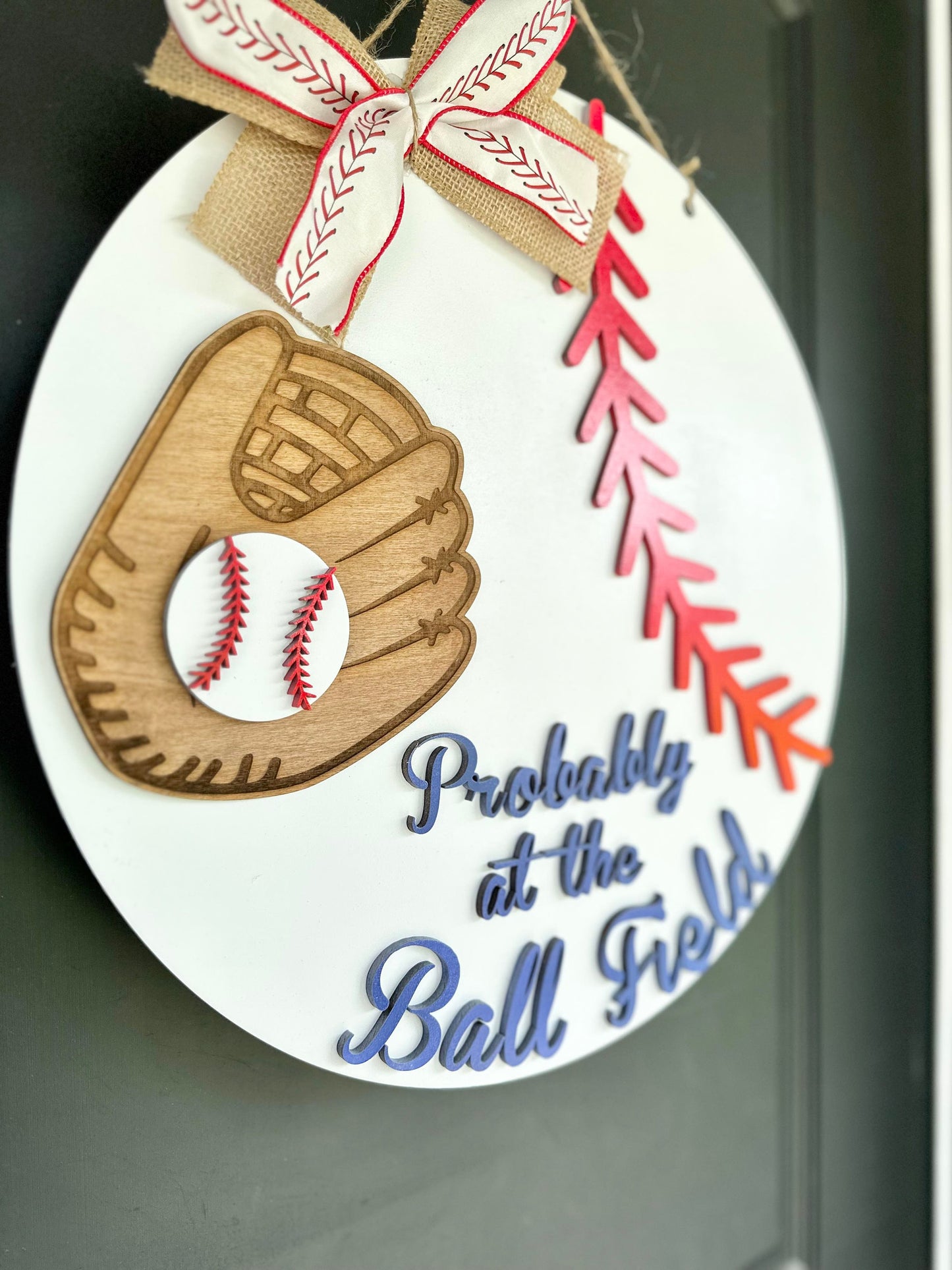 Probably at the Ball Field - Baseball Door Hanger - Baseball Door Sign - Baseball Front Door - Baseball Family
