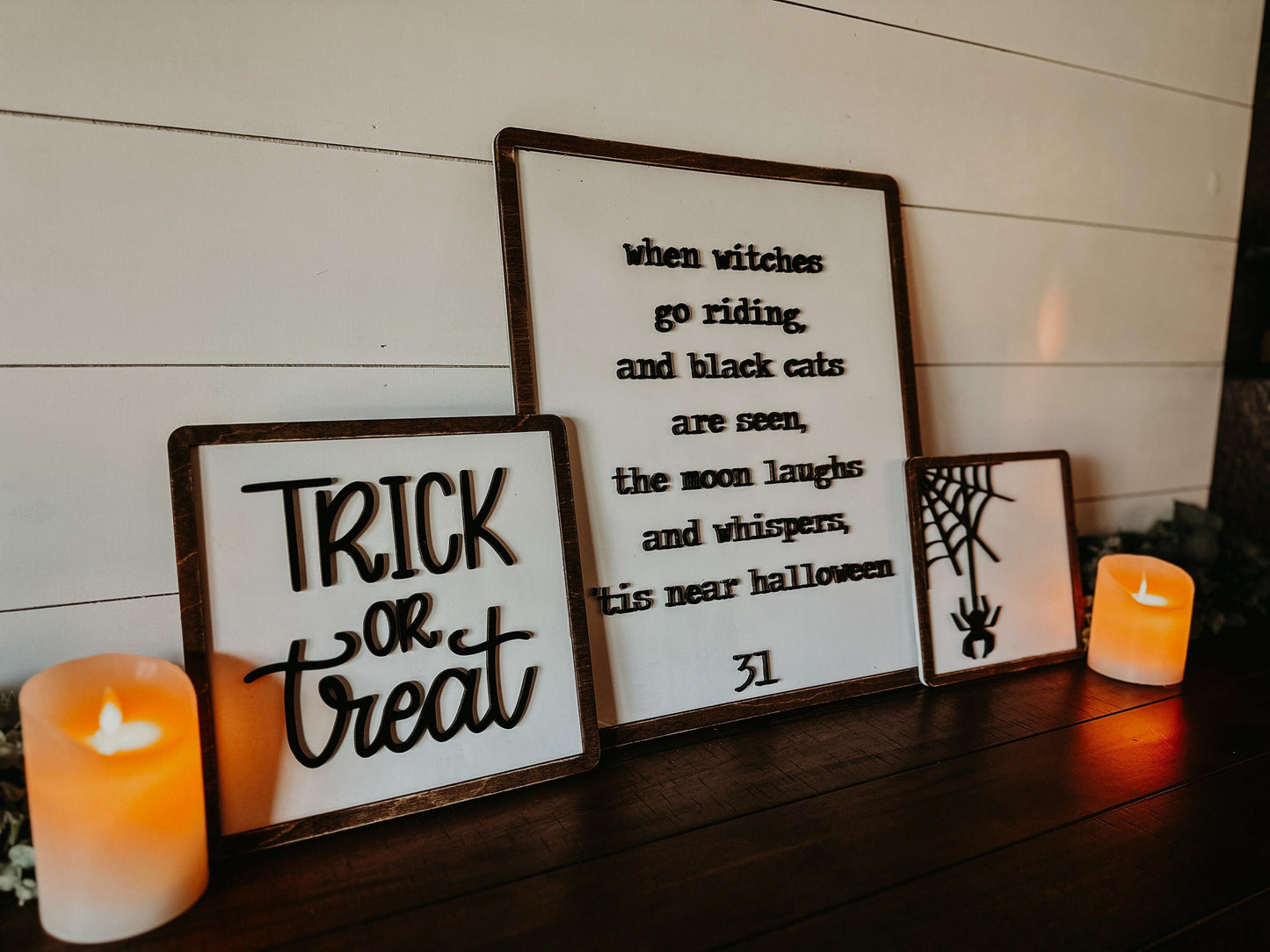 Trio of 3 Halloween Signs - Trick or Treat, When witches go riding, and spider web sign
