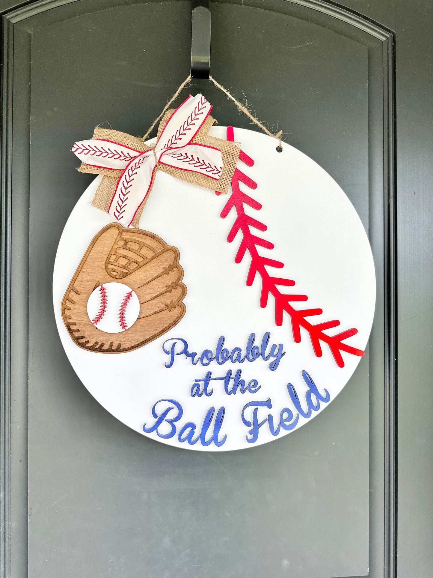 Probably at the Ball Field - Baseball Door Hanger - Baseball Door Sign - Baseball Front Door - Baseball Family