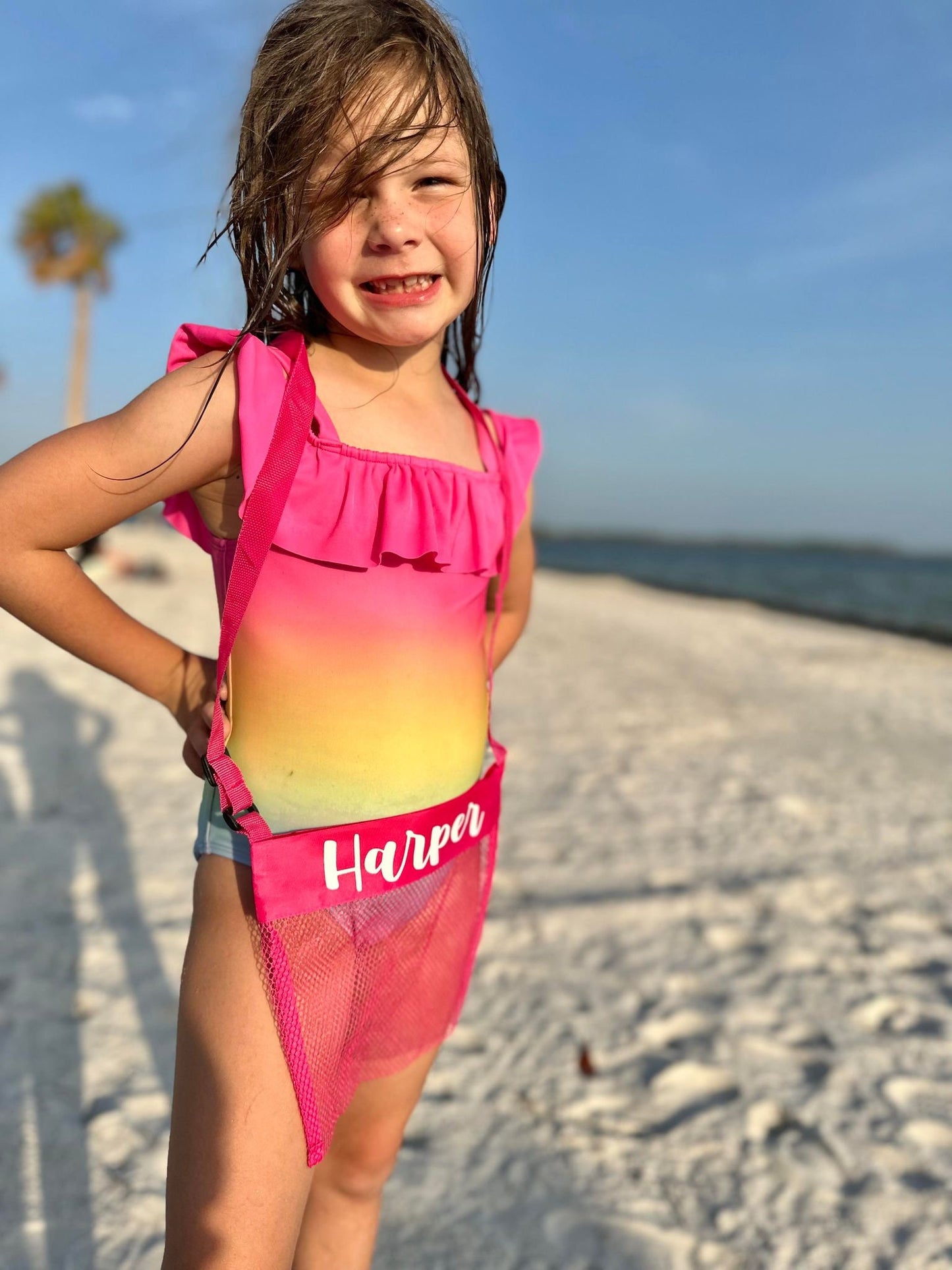 Personalized Kids Seashell Bag, Kids Beach Bag, Mesh Sea Shell Bag