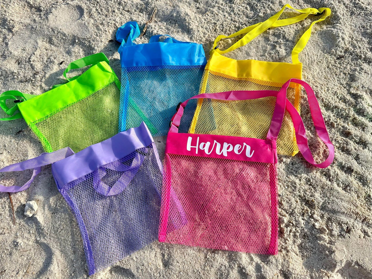 Personalized Kids Seashell Bag, Kids Beach Bag, Mesh Sea Shell Bag