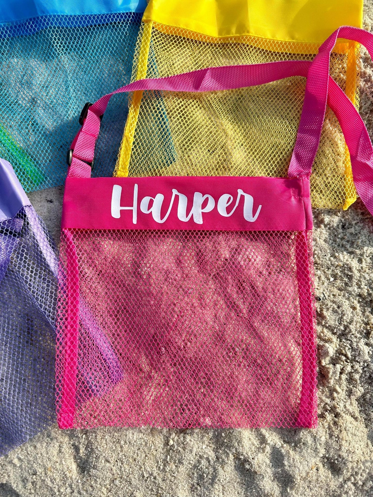 Personalized Kids Seashell Bag, Kids Beach Bag, Mesh Sea Shell Bag