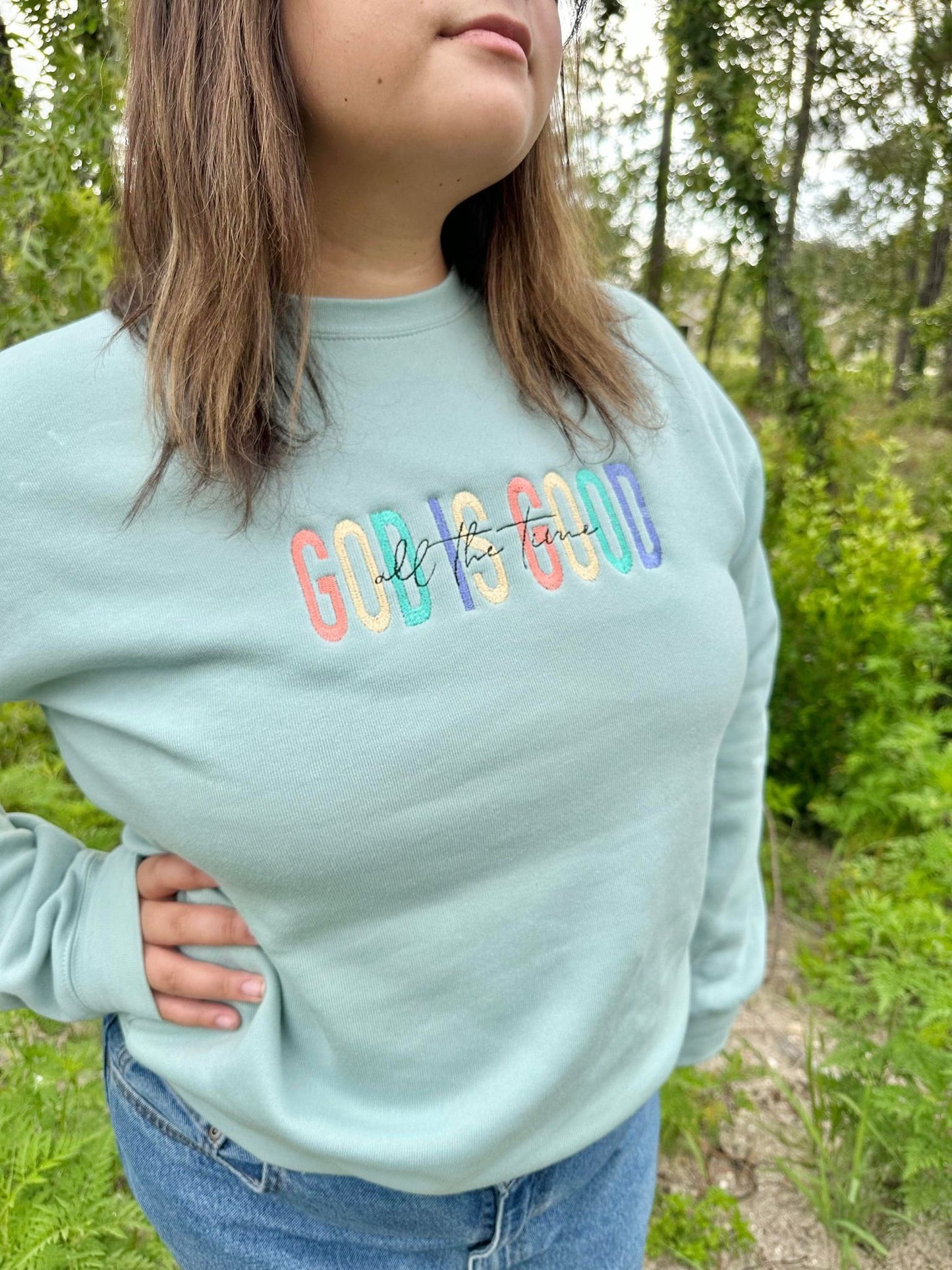 God is good - all the time. Sweater on real model.