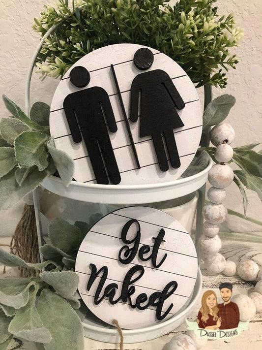 Farmhouse Bathroom Tiered Tray Decor - Restroom Sign - Get Naked Sign - Shiplap Signs - Tiered Tray Decor - Funny Bathroom Signs