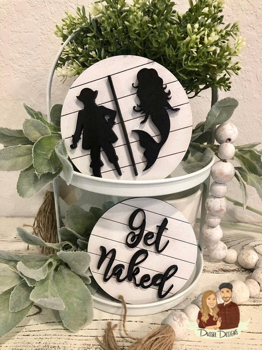 Farmhouse Bathroom Tiered Tray Decor - Pirate Mermaid Bathroom Sign - Get Naked Sign - Bathroom Tiered Tray Decor - Farmhouse Mermaids