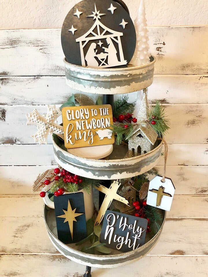 Christmas Nativity Tiered Tray Set - Nativity Farmhouse Tiered Tray Signs - Jesus and Mary - O Holy Night - Christian Christmas Decor