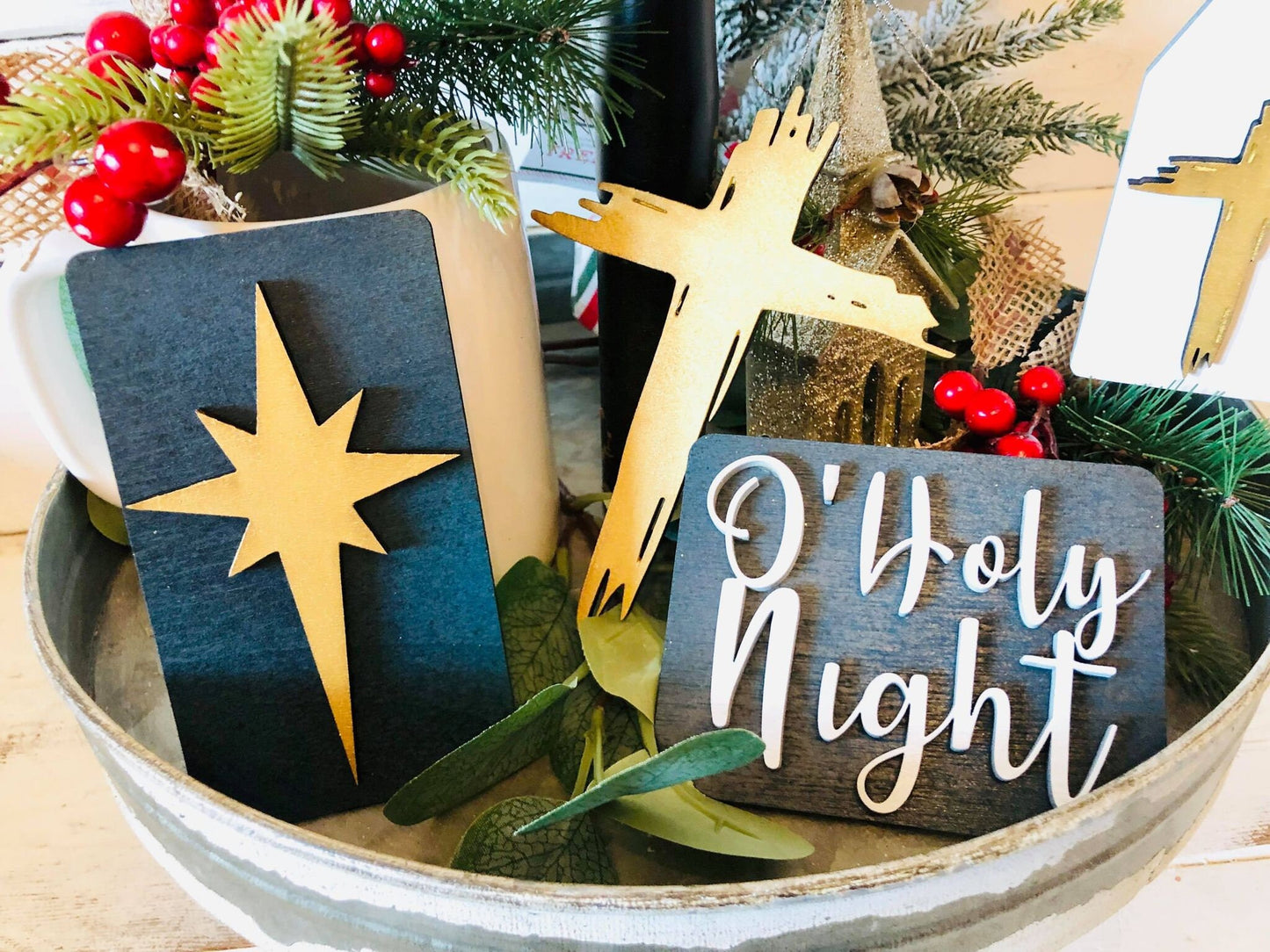 Christmas Nativity Tiered Tray Set - Nativity Farmhouse Tiered Tray Signs - Jesus and Mary - O Holy Night - Christian Christmas Decor