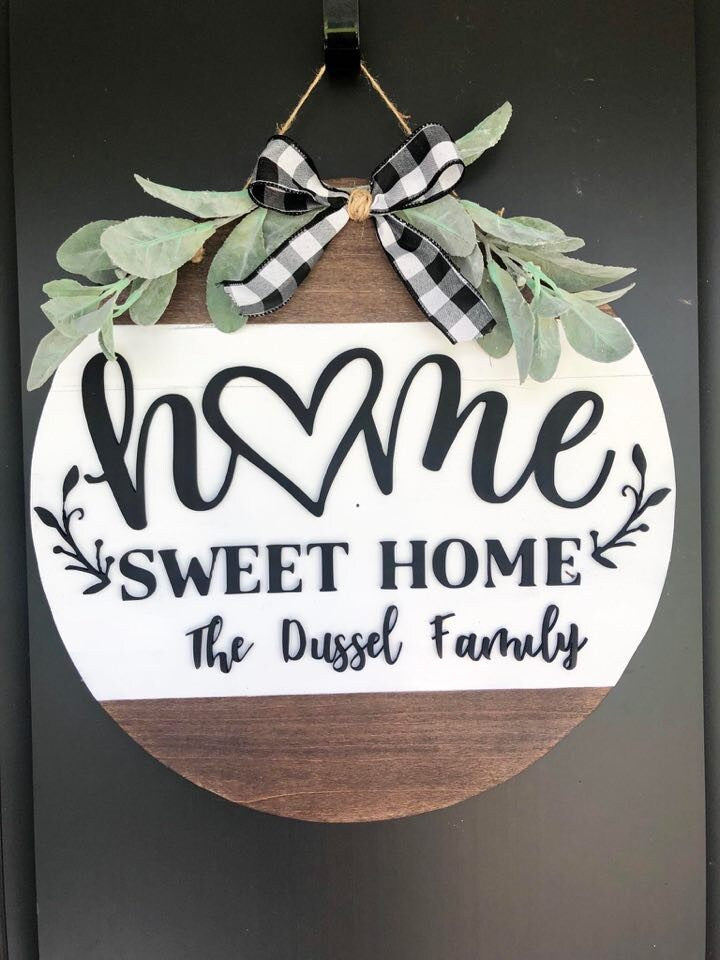 Home Sweet Home - Last Name Door Hanger - Beautiful Farmhouse Door Hanger - 3D Sign - 3D Door Hanger - Circle Personalized Front Door Sign