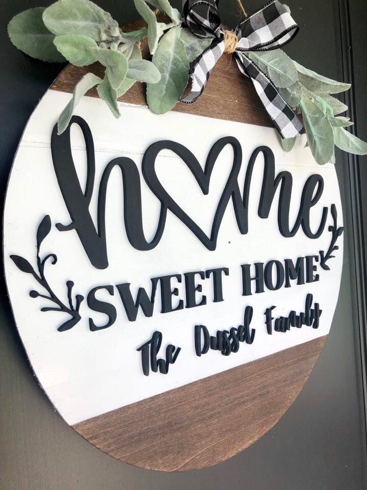 Home Sweet Home - Last Name Door Hanger - Beautiful Farmhouse Door Hanger - 3D Sign - 3D Door Hanger - Circle Personalized Front Door Sign