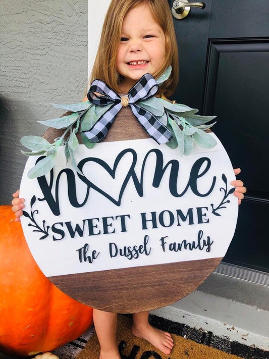 Home Sweet Home - Last Name Door Hanger - Beautiful Farmhouse Door Hanger - 3D Sign - 3D Door Hanger - Circle Personalized Front Door Sign