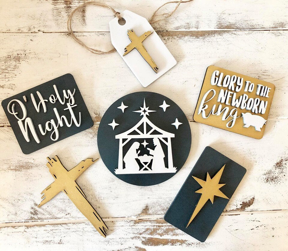 Christmas Nativity Tiered Tray Set - Nativity Farmhouse Tiered Tray Signs - Jesus and Mary - O Holy Night - Christian Christmas Decor