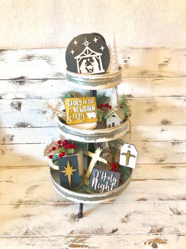 Christmas Nativity Tiered Tray Set - Nativity Farmhouse Tiered Tray Signs - Jesus and Mary - O Holy Night - Christian Christmas Decor