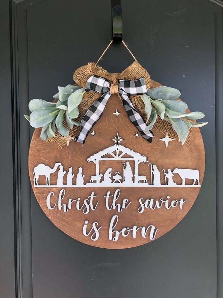 Christ the Savior is Born | Nativity Front Door Hanger | 3D Front Door Hanger | Nativity Sign | Nativity Decor | Christian Christmas Decor