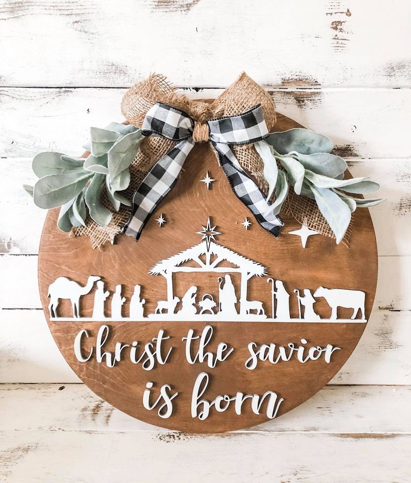 Christ the Savior is Born | Nativity Front Door Hanger | 3D Front Door Hanger | Nativity Sign | Nativity Decor | Christian Christmas Decor