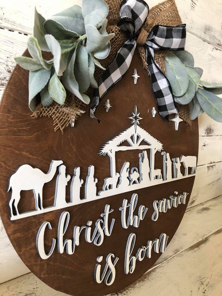 Christ the Savior is Born | Nativity Front Door Hanger | 3D Front Door Hanger | Nativity Sign | Nativity Decor | Christian Christmas Decor