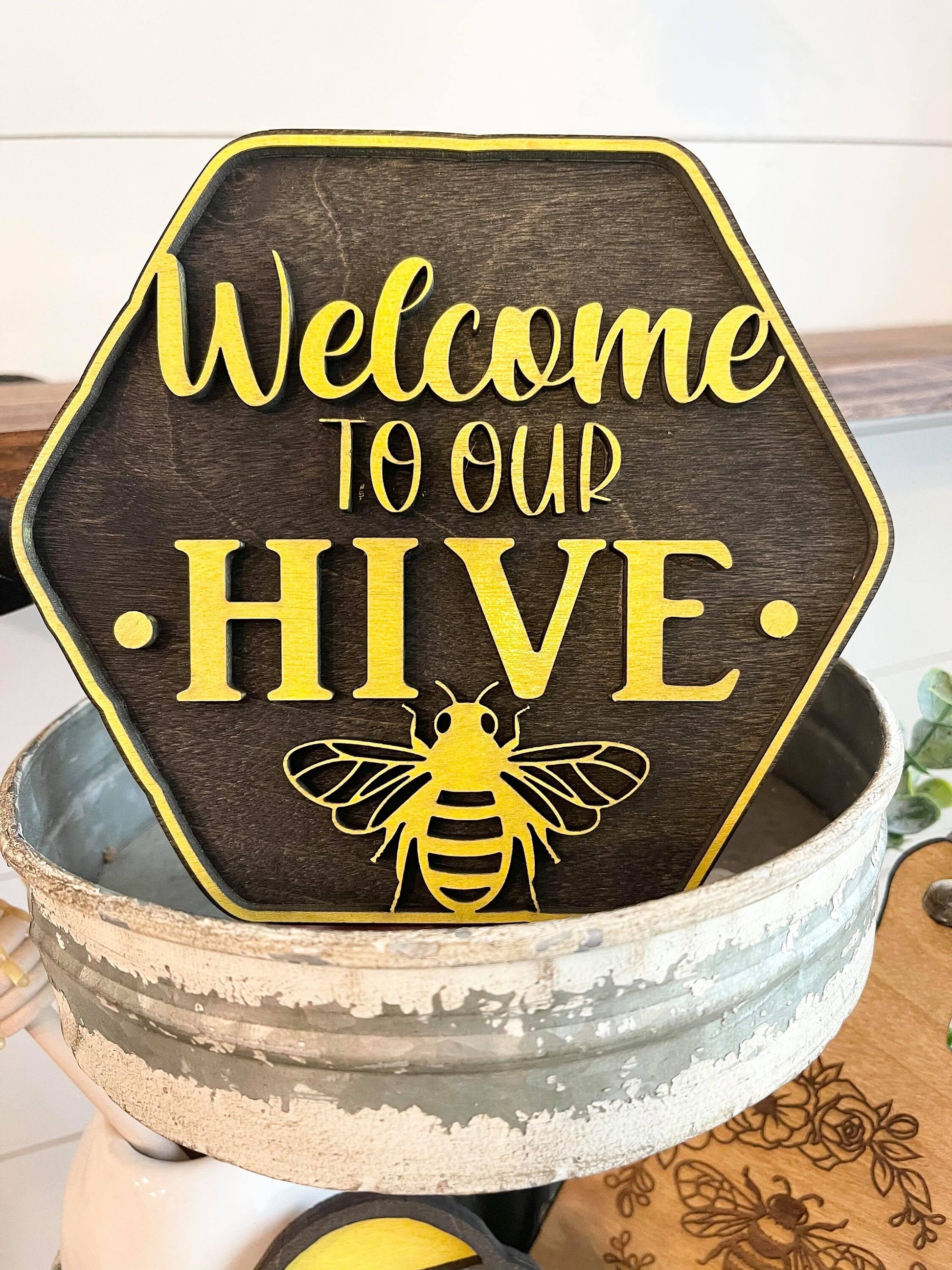 Bee Tiered Tray - Welcome to our Hive - Honey Themed Tiered Tray - Honey Bee - Home is where my Honey Bee - Bee Decor - Bee Signs - Honey