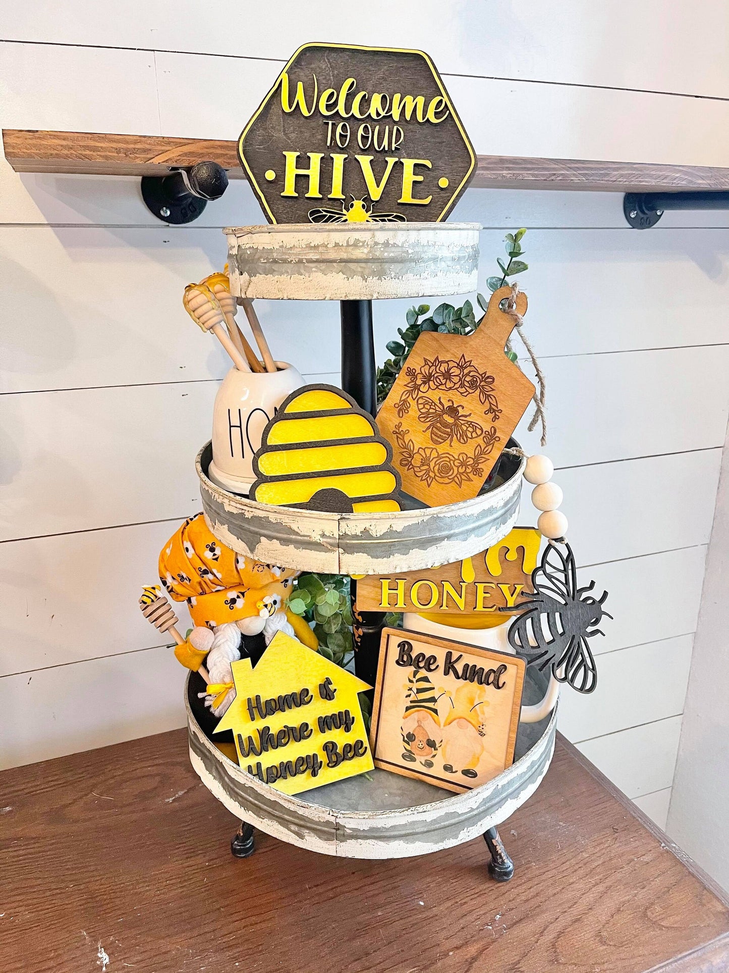 Bee Tiered Tray - Welcome to our Hive - Honey Themed Tiered Tray - Honey Bee - Home is where my Honey Bee - Bee Decor - Bee Signs - Honey