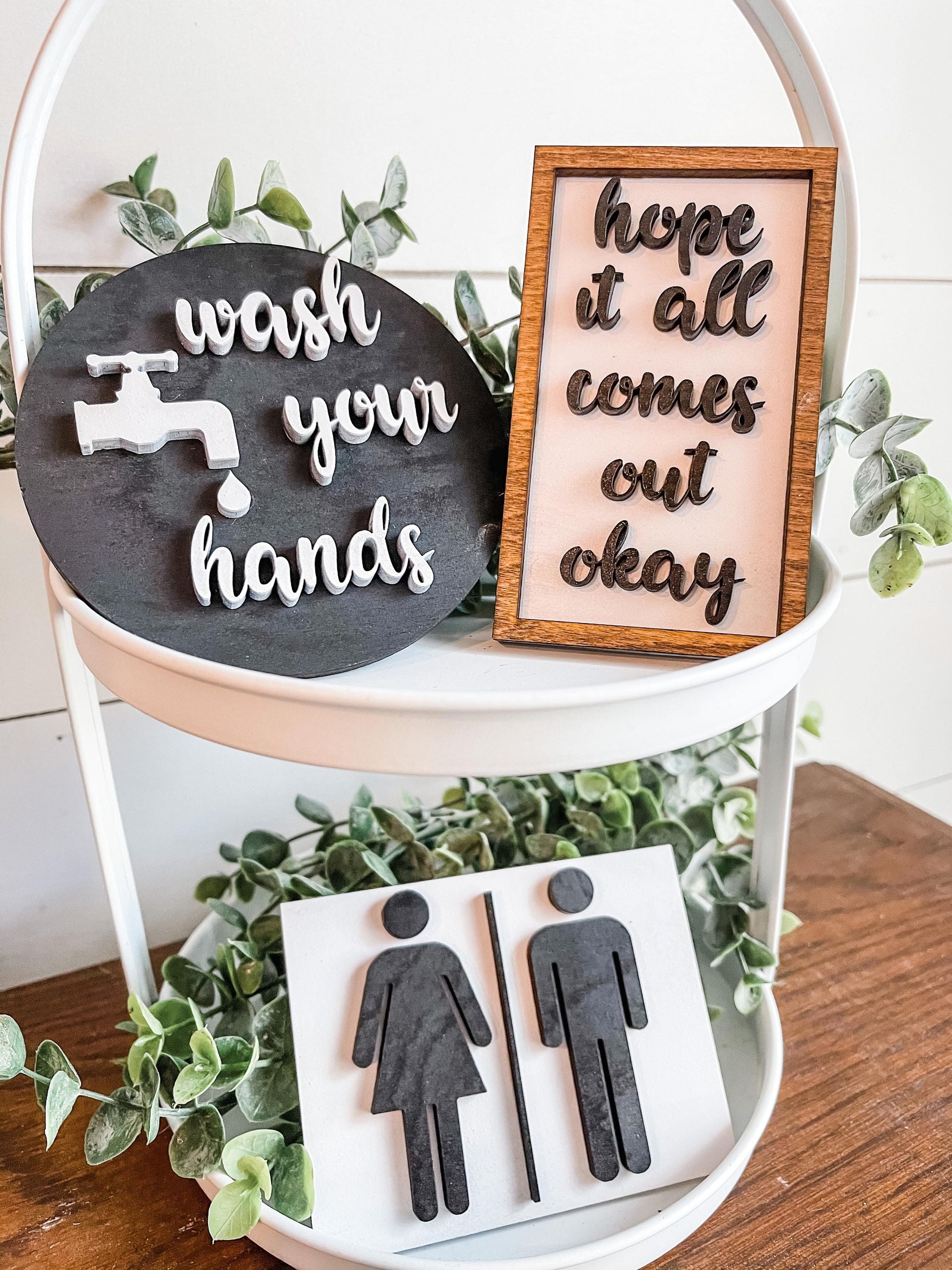 Bathroom Tiered Tray Set - Mini Bathroom Tiered Tray Set - Wash your hands Farmhouse Sign - Hope it all comes out okay - Boy|Girl Restroom