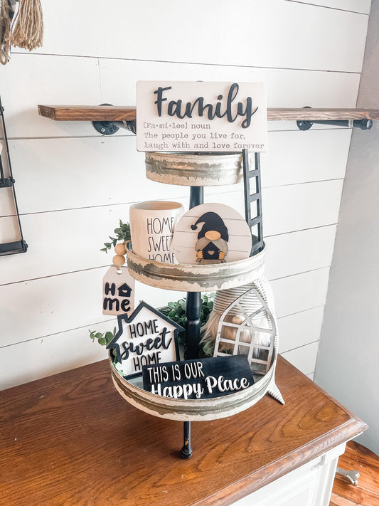 Family Farmhouse Tiered Tray Bundle - Family Home Sweet Home Tiered Tray Decor - Farmhouse Tiered Tray Decor - Black and White Farmhouse