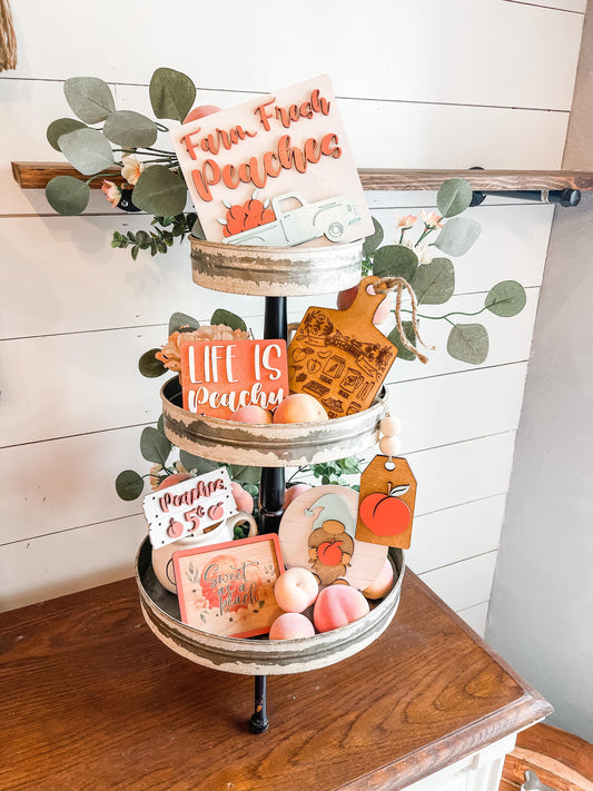 Farm Fresh Peaches - Peach Tiered Tray Decor - Life is Peachy Peach Tiered Tray Signs - 3D Peach Decor Signs - Peach Party Decorations