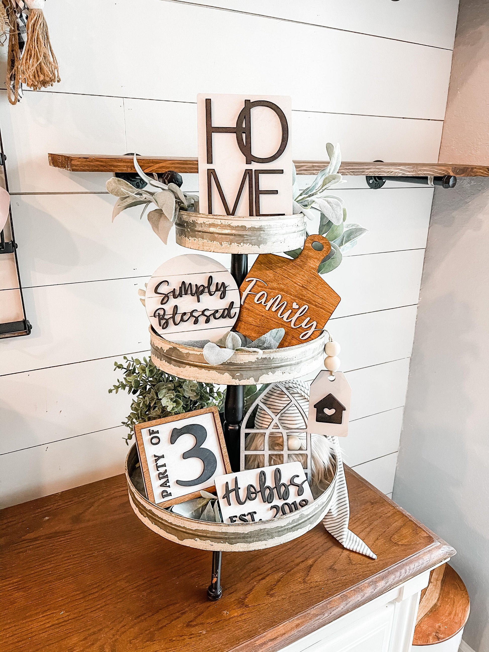 Farmhouse Home Family Tiered Tray - Family Themed Tiered Tray - Last Name personalized Tiered Tray Signs - Party of Signs - Simply Blessed