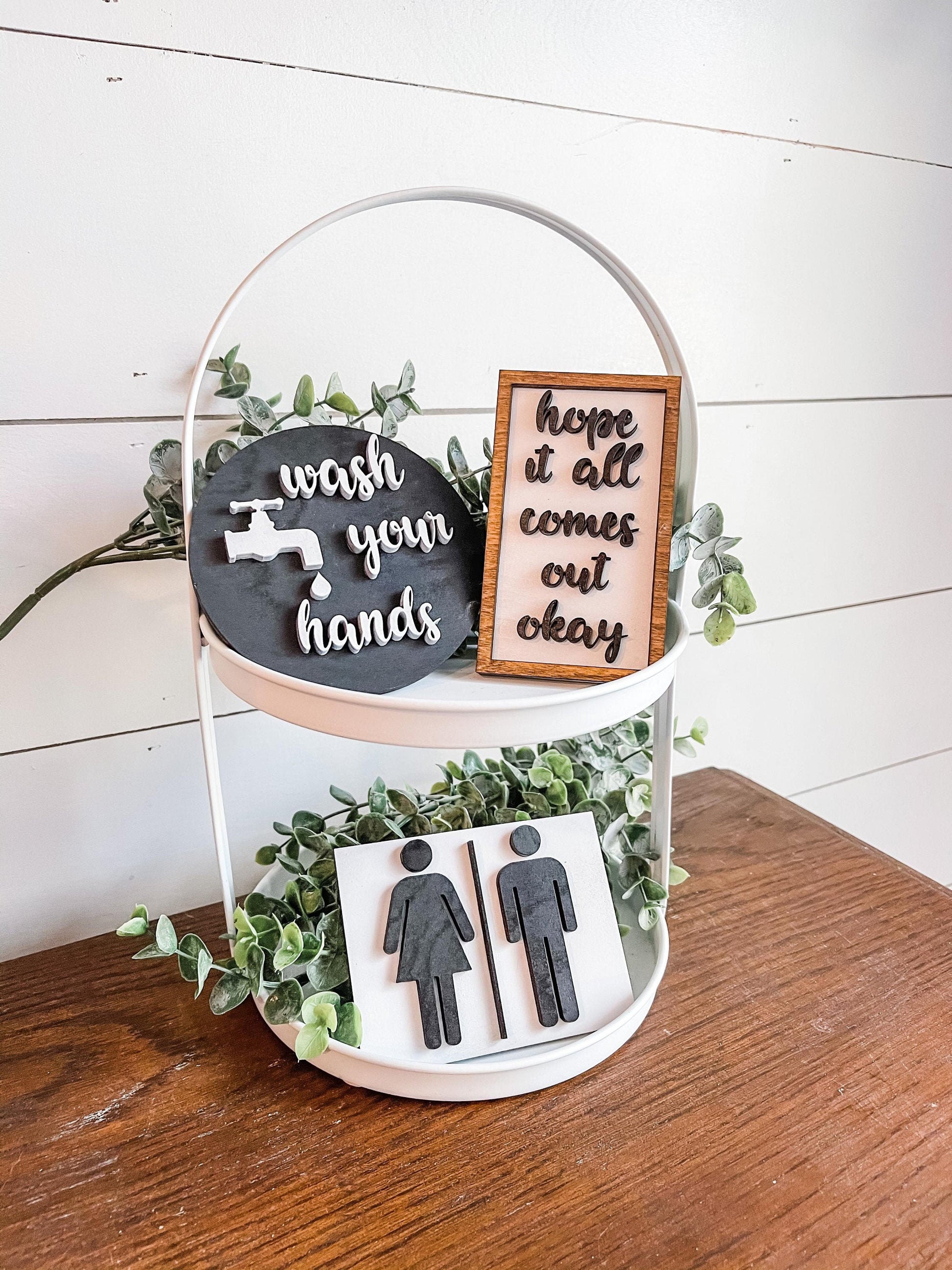 Bathroom Tiered Tray Set - Mini Bathroom Tiered Tray Set - Wash your hands Farmhouse Sign - Hope it all comes out okay - Boy|Girl Restroom