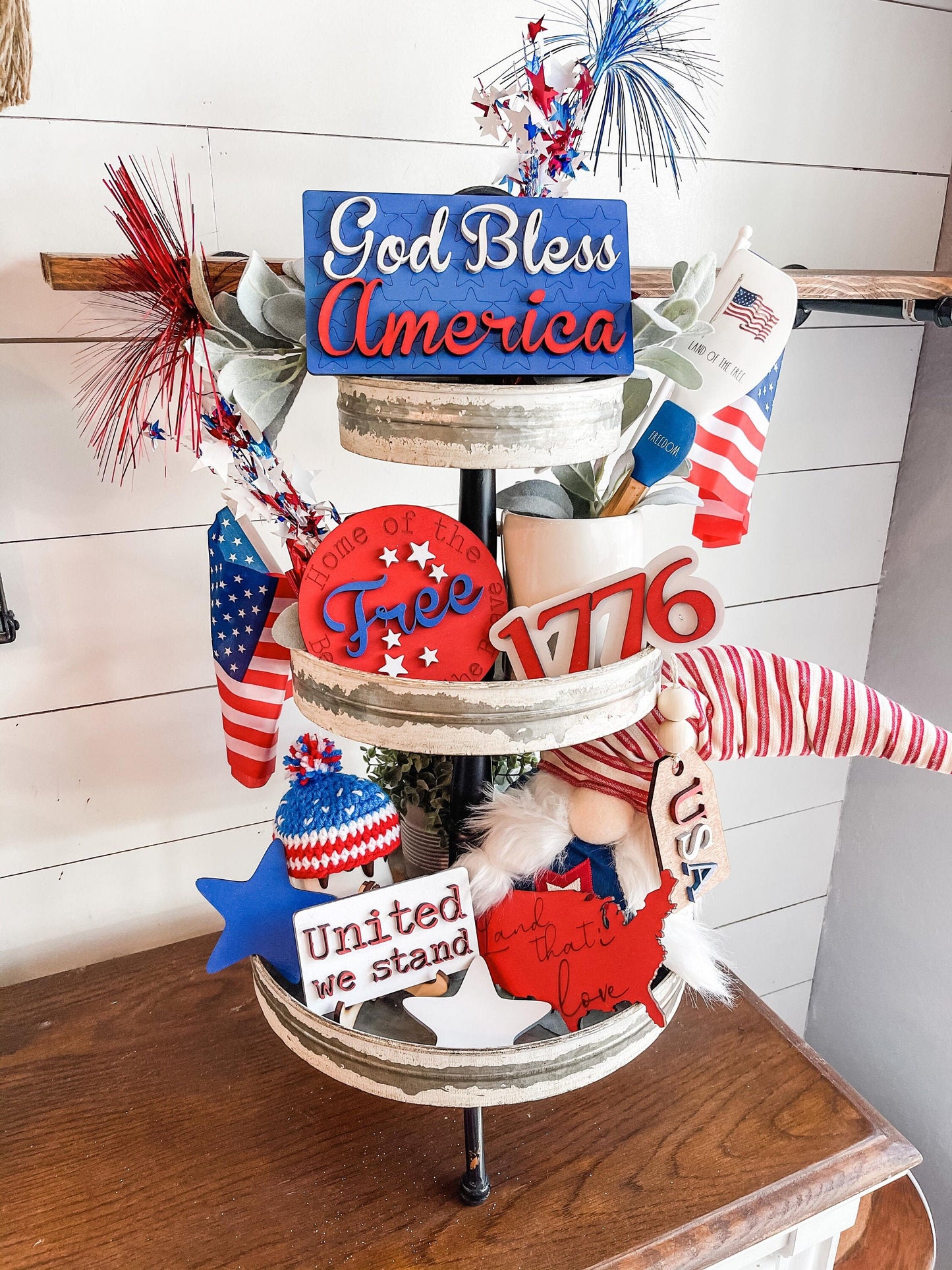 God Bless America Tiered Tray Set - Patriotic Tiered Tray Signs - Patriotic Décor - 4th of July Decor - 4th of July Tiered Tray - Patriotic