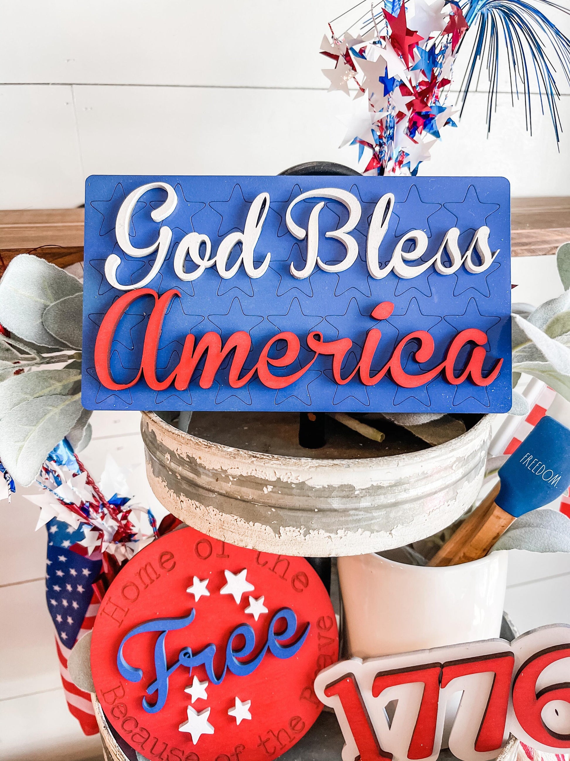 God Bless America Tiered Tray Set - Patriotic Tiered Tray Signs - Patriotic Décor - 4th of July Decor - 4th of July Tiered Tray - Patriotic