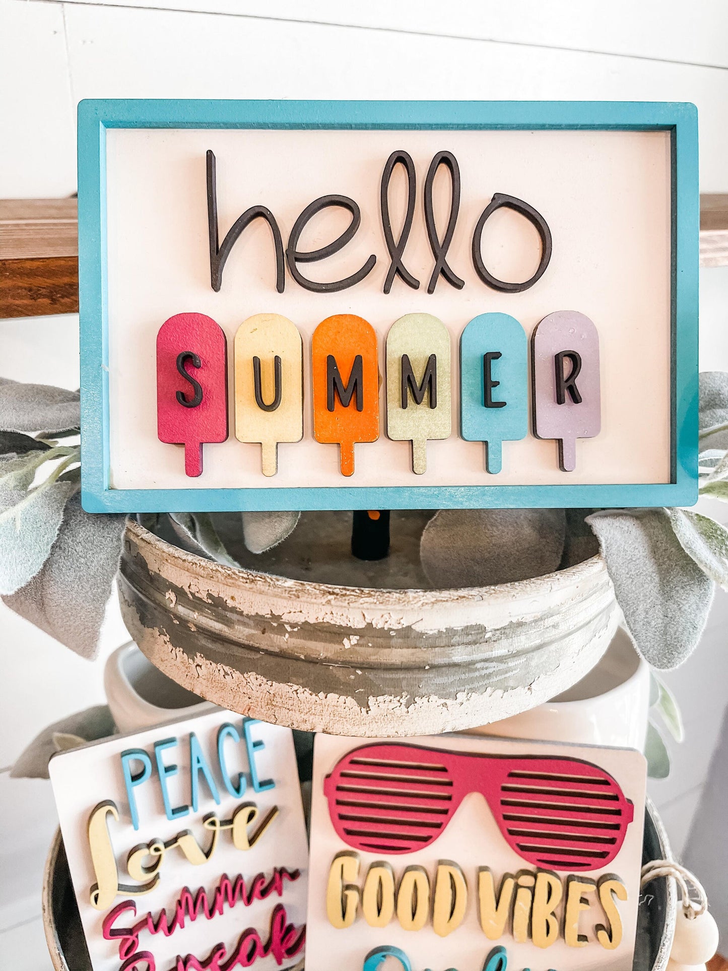 Hello Summer Tiered Tray - Summer Themed Tiered Tray - Summer Break Tiered Tray - Summer Tiered Tray Signs - Hello Sunshine Tiered Tray