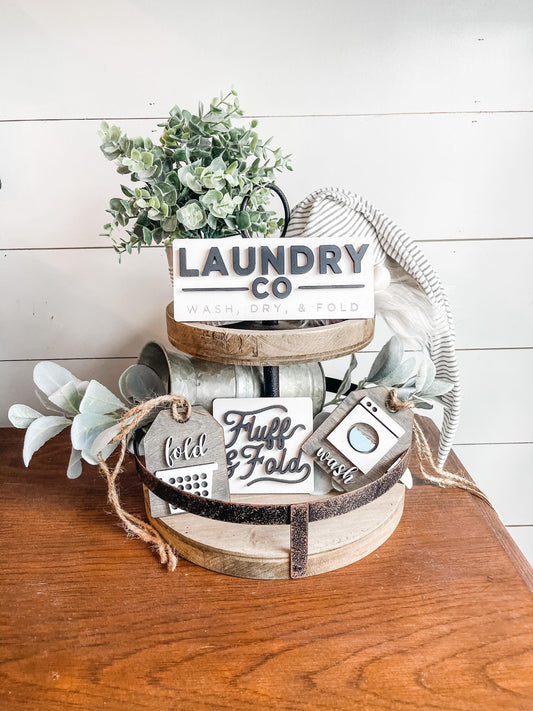 Laundry Tiered Tray Signs - Laundry Co Signs - Laundry Room Tiered Tray - Wash Fold Tags - Fluff and Fold Sign - Farmhouse Laundry Room