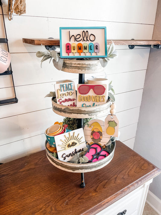 Hello Summer Tiered Tray - Summer Themed Tiered Tray - Summer Break Tiered Tray - Summer Tiered Tray Signs - Hello Sunshine Tiered Tray