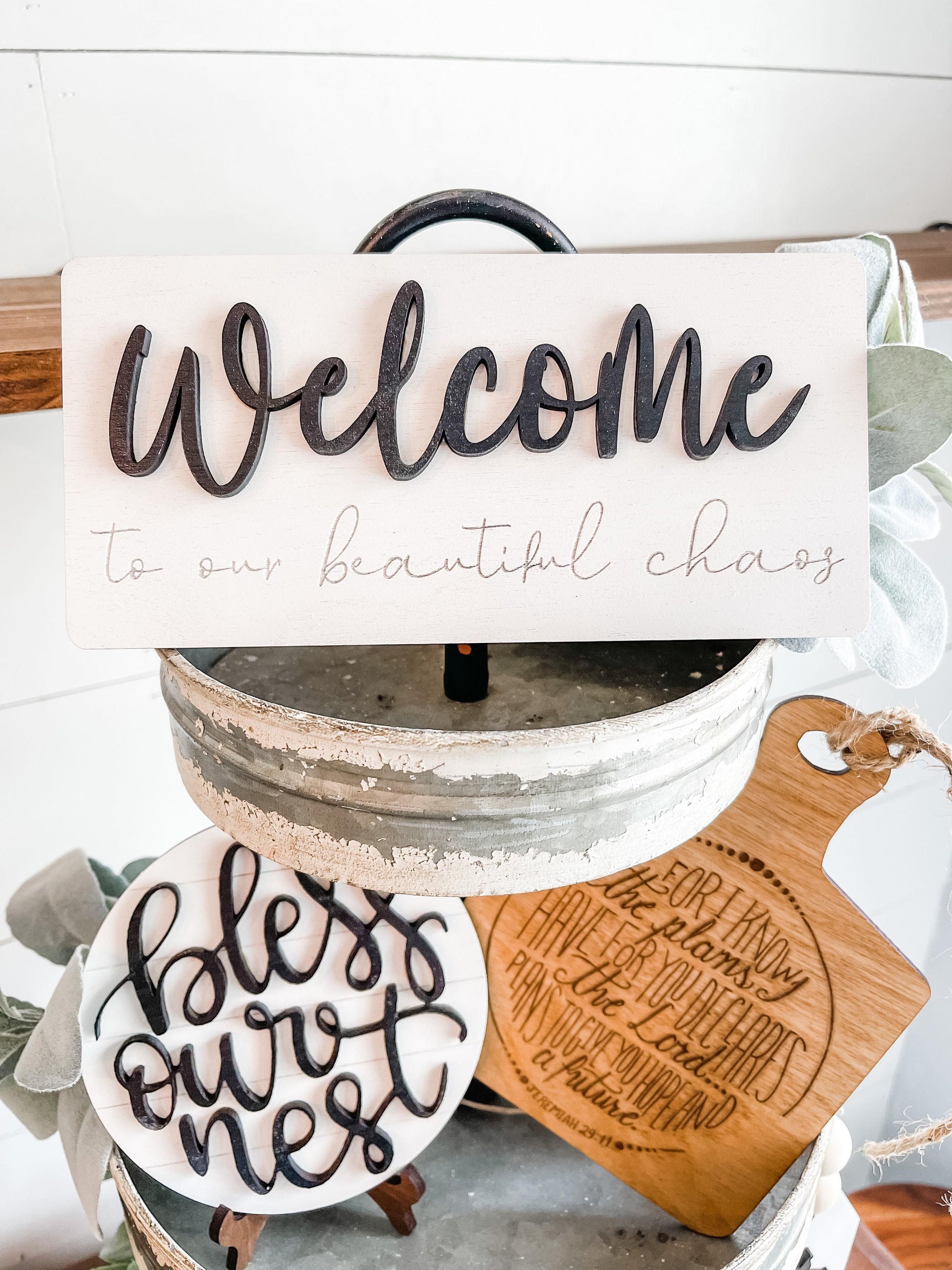 Welcome to our beautiful chaos - Family Tiered Tray - Religious Family Tiered Tray - Religious Quotes Tiered Tray Signs - Bless our nest