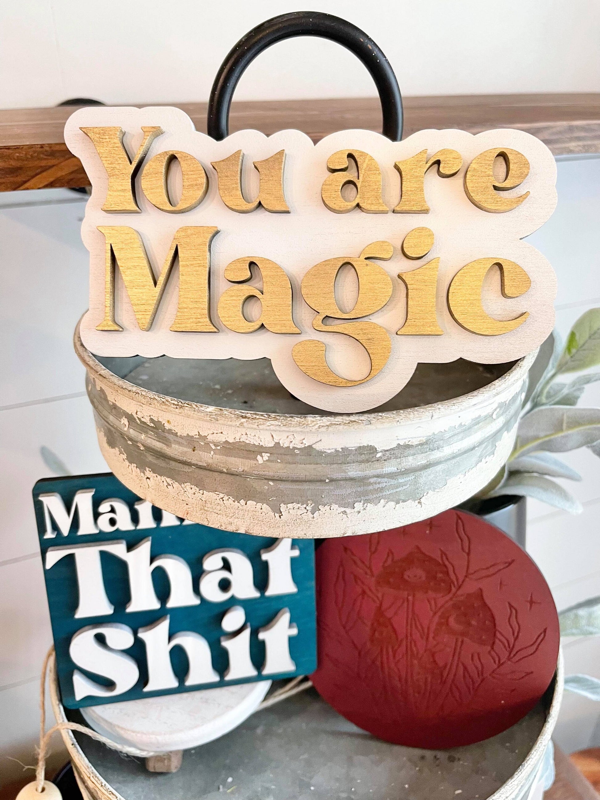 Mystical Tiered Tray Set - You are Magic Sign - Manifest that shit - Manifestation Decor - Mushroom Decor - Mushroom Signs - Moon Deco Boho