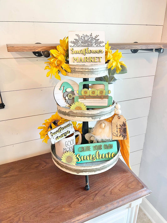 Sunflower Market Tiered Tray Set - Fall Sunflower Decor - Fall Sunflower Farm Decor - Sunflower Signs - Sunflower Tiered Tray - Farmhouse