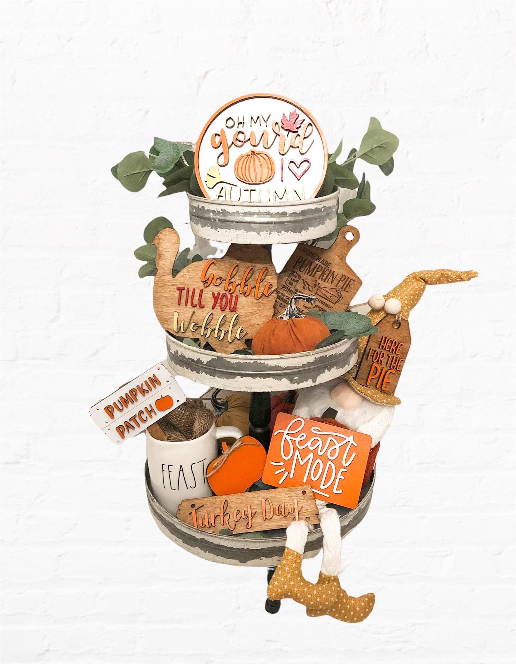 Thanksgiving Tiered Tray Set - Funny Thanksgiving Decor - Thankgiving Tiered Tray Signs - Gobble Till you wobble - Oh my gourd I love Autumn