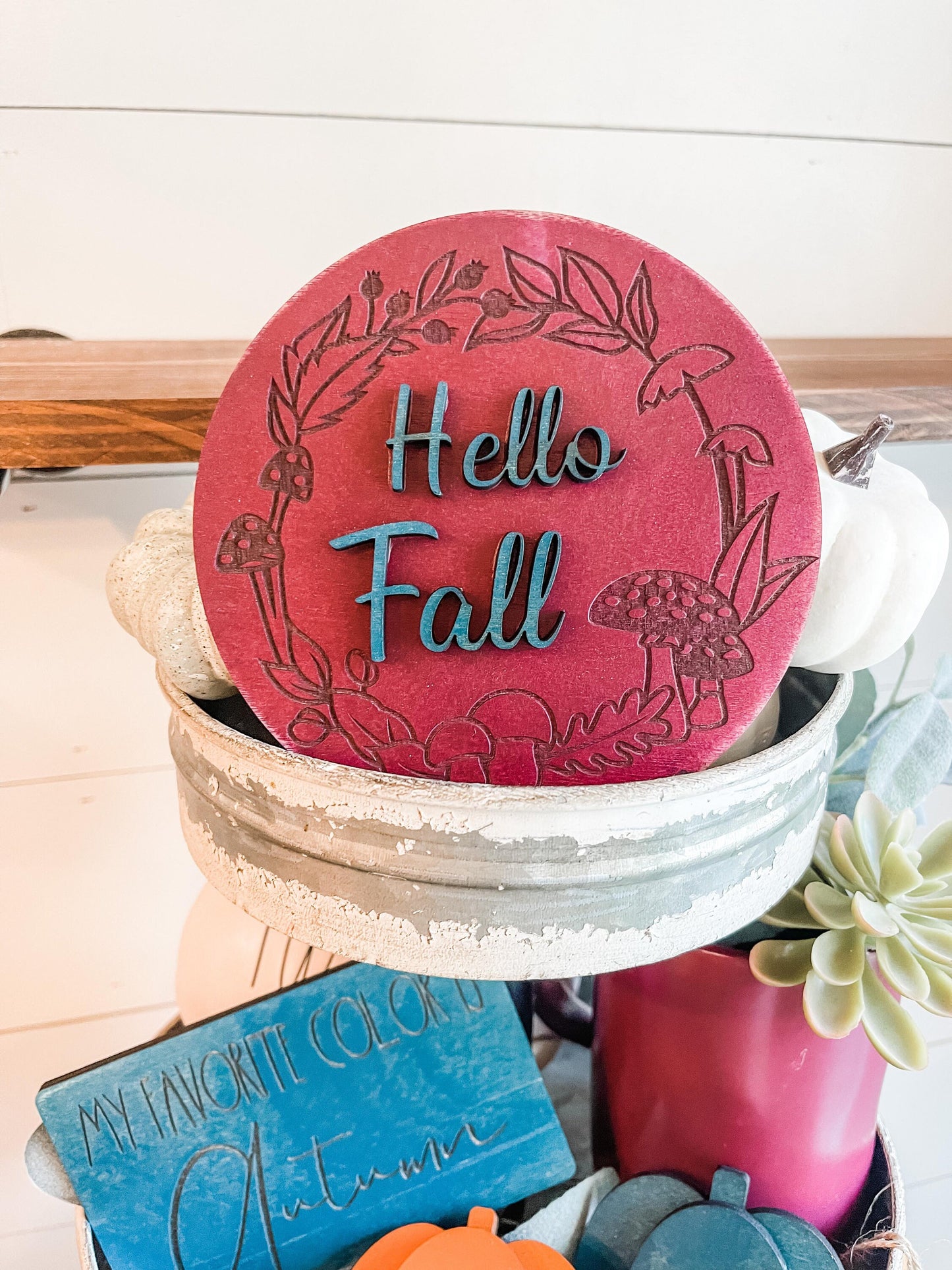 Fall Tiered Tray - Lets get Cozy Tiered Tray - Maroon and Teal Fall Tiered Tray - Pumpkin Truck Decor - Mushroom Fall Decor - Moody Fall Dec