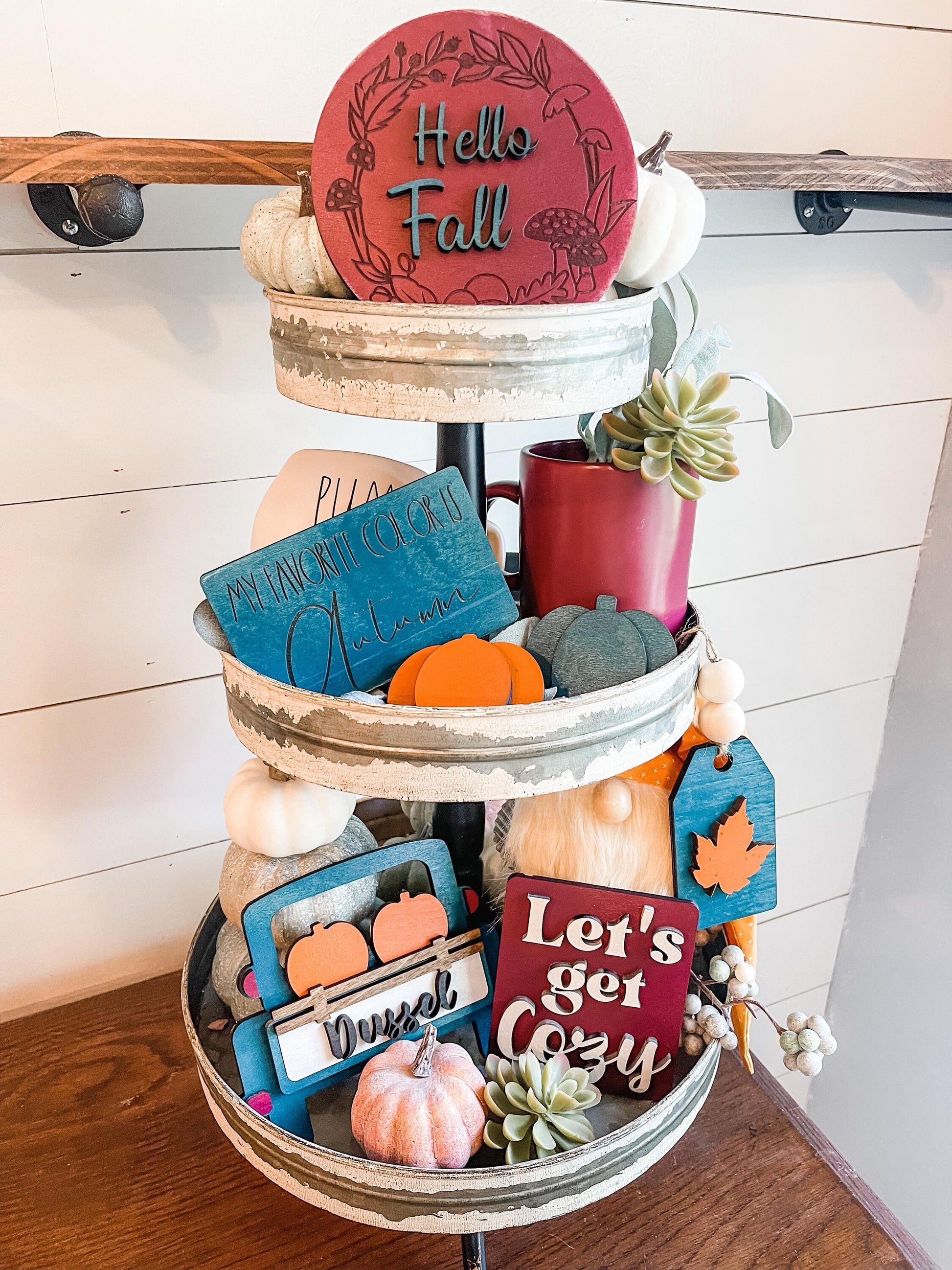 Fall Tiered Tray - Lets get Cozy Tiered Tray - Maroon and Teal Fall Tiered Tray - Pumpkin Truck Decor - Mushroom Fall Decor - Moody Fall Dec