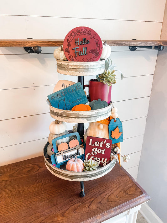 Fall Tiered Tray - Lets get Cozy Tiered Tray - Maroon and Teal Fall Tiered Tray - Pumpkin Truck Decor - Mushroom Fall Decor - Moody Fall Dec