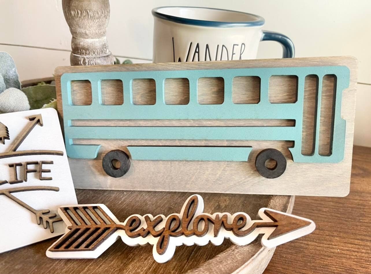 Adventure Awaits Tiered Tray - Traveling Themed Signs - Traveling Tiered Tray - Bus Life Signs - Wanderlust Signs - Explorer Signs - Skoolie