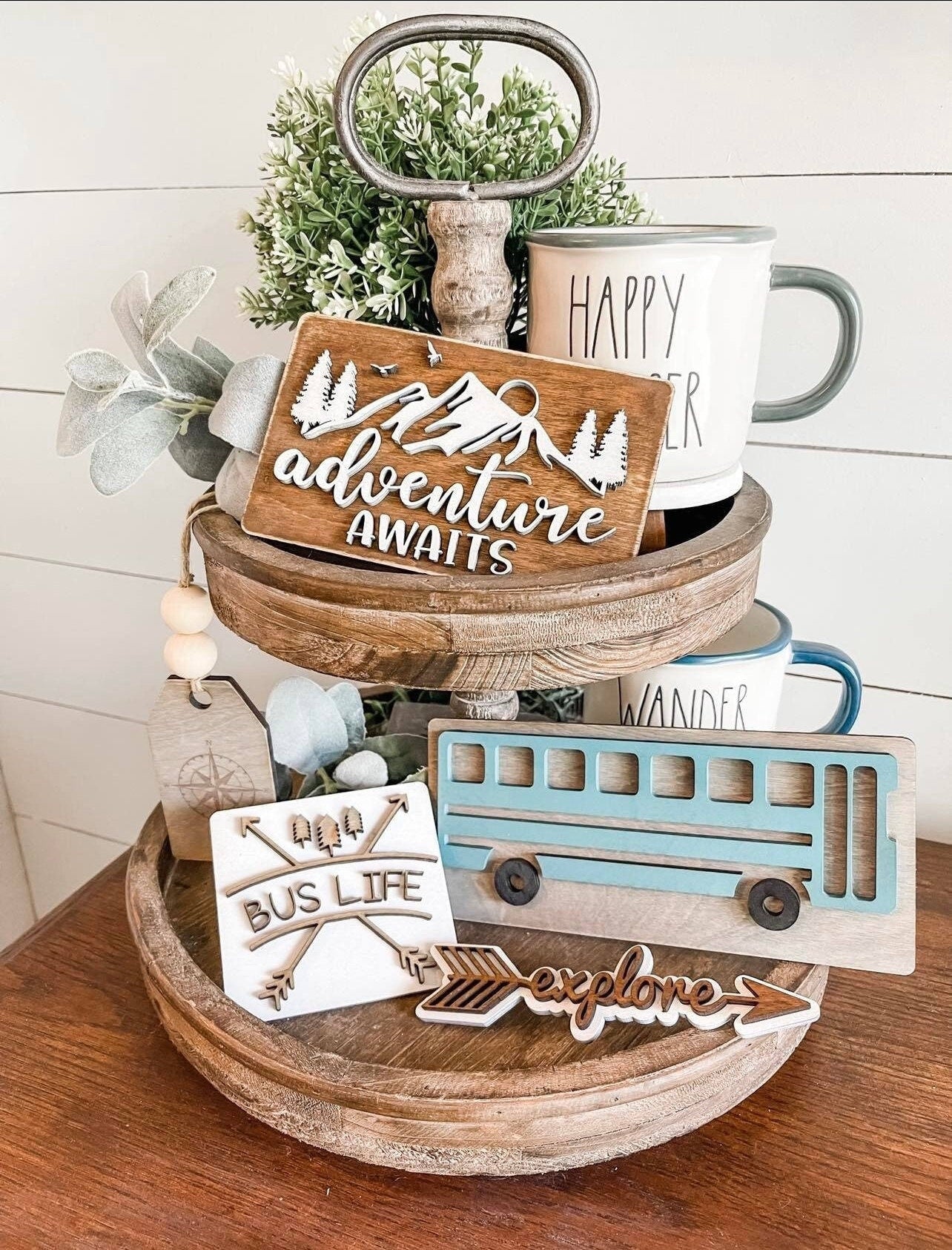 Adventure Awaits Tiered Tray - Traveling Themed Signs - Traveling Tiered Tray - Bus Life Signs - Wanderlust Signs - Explorer Signs - Skoolie