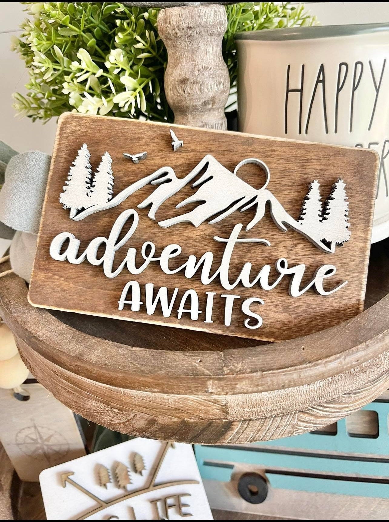 Adventure Awaits Tiered Tray - Traveling Themed Signs - Traveling Tiered Tray - Bus Life Signs - Wanderlust Signs - Explorer Signs - Skoolie