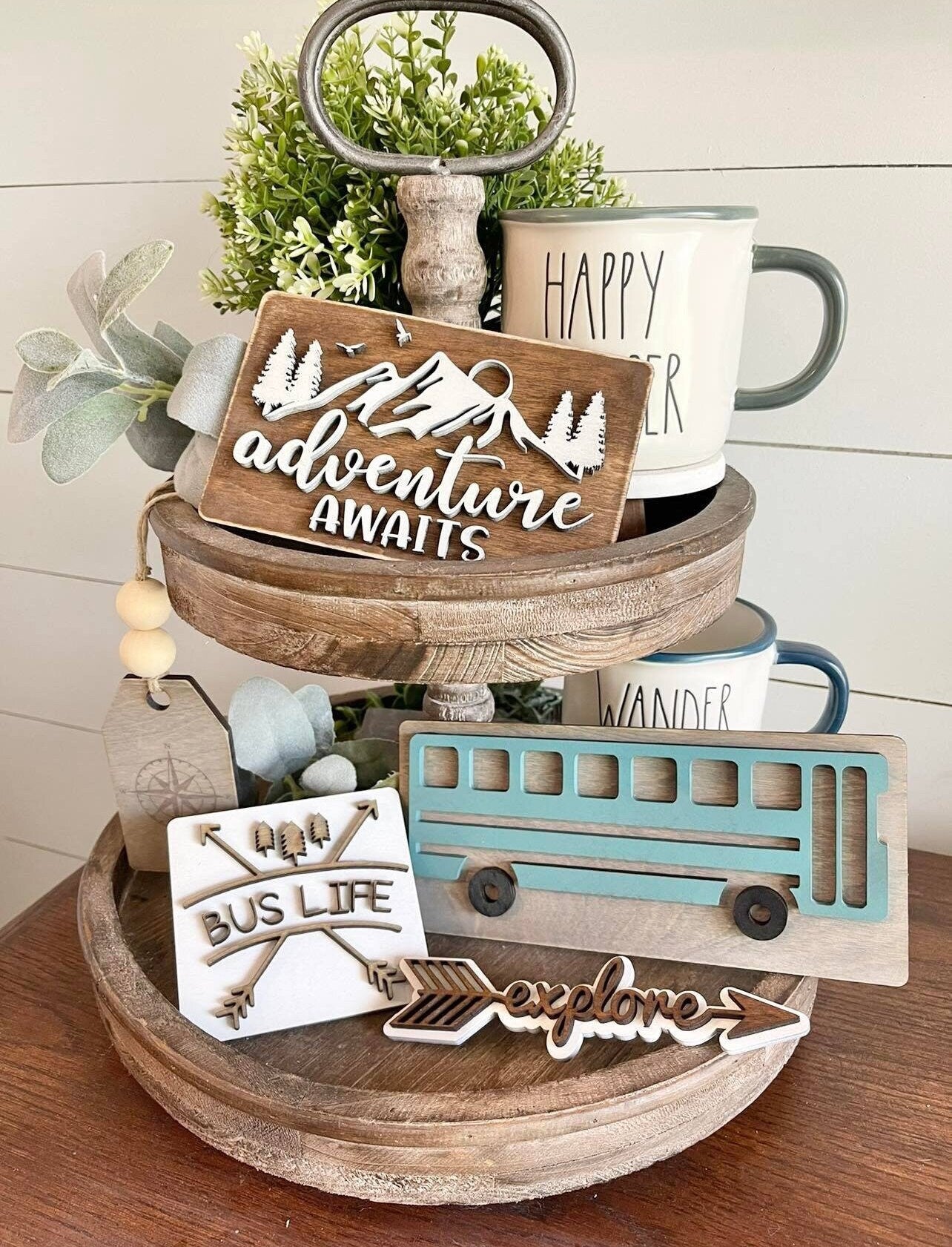 Adventure Awaits Tiered Tray - Traveling Themed Signs - Traveling Tiered Tray - Bus Life Signs - Wanderlust Signs - Explorer Signs - Skoolie